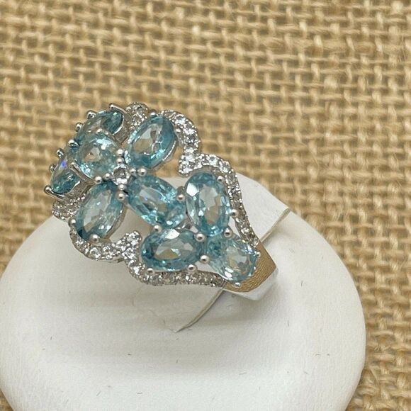 Blue Zircon & White Topaz Flower Ring Sterling Silver Sz 9   7.01ct - Picture 3 of 10